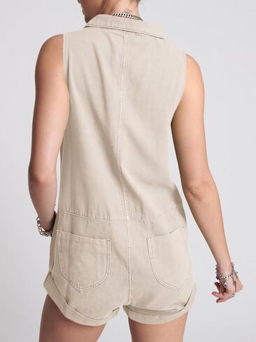 Tongmingyun Womens Zip Up Romper Casual Summer Sleeveless Cotton V Neck Short Jumpsuits with Pockets in Saudi Arabia