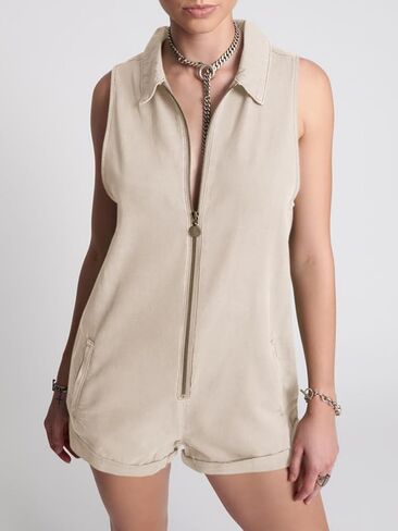Tongmingyun Womens Zip Up Romper Casual Summer Sleeveless Cotton V Neck Short Jumpsuits with Pockets in Saudi Arabia