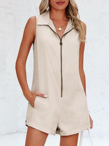 Tongmingyun Womens Zip Up Romper Casual Summer Sleeveless Cotton V Neck Short Jumpsuits with Pockets in Saudi Arabia