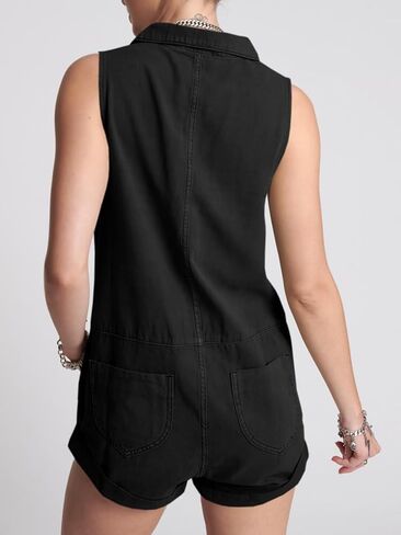 Tongmingyun Womens Zip Up Romper Casual Summer Sleeveless Cotton V Neck Short Jumpsuits with Pockets in Saudi Arabia