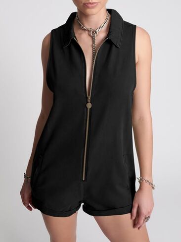 Tongmingyun Womens Zip Up Romper Casual Summer Sleeveless Cotton V Neck Short Jumpsuits with Pockets in Saudi Arabia