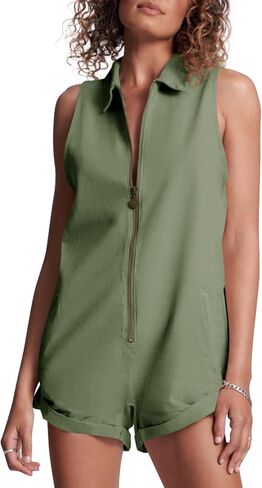 Tongmingyun Womens Zip Up Romper Casual Summer Sleeveless Cotton V Neck Short Jumpsuits with Pockets in Kuwait
