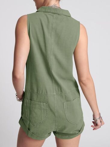 Tongmingyun Womens Zip Up Romper Casual Summer Sleeveless Cotton V Neck Short Jumpsuits with Pockets in Kuwait