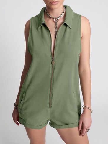 Tongmingyun Womens Zip Up Romper Casual Summer Sleeveless Cotton V Neck Short Jumpsuits with Pockets in Kuwait