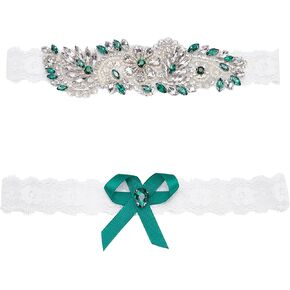 Webeedy 2 PCS Lace Bridal Garter Rhinestone Wedding Garter Garter Set Rhinestone Green Sexy Leg Starters for Wedding Stretch Bridals مجموعات مع أحجار الراين in Saudi Arabia