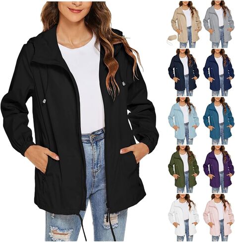 Rain Jacket Women Lightweight Waterproof Hooded Raincoat Packable Windbreaker Jackets with Pockets Fall Fashion 2025 in Kuwait