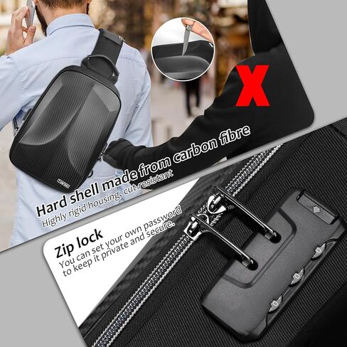 Anti-Theft Crossbody Bag for Men,Travel Sling Bag Real Carbon fiber Hard Shell,Single Strap Backpack with USB and Reset Lock for Hiking Travel in Kuwait