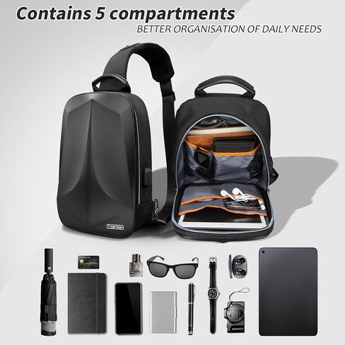Anti-Theft Crossbody Bag for Men,Travel Sling Bag Real Carbon fiber Hard Shell,Single Strap Backpack with USB and Reset Lock for Hiking Travel in Kuwait