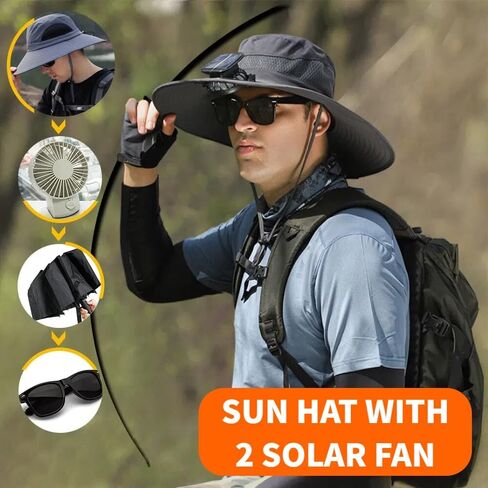 Solar Fan Hat for Men Women,UPF50+ Wide Brim Sun Hats with 2 Built-in Solar Powered Fans for Fishing Outdoor Activities in Saudi Arabia
