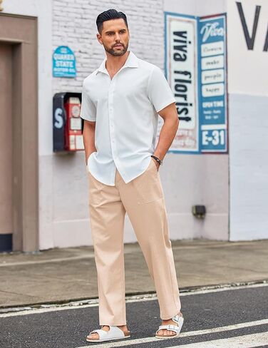 COOFANDY Men's Casual Linen Cotton Pants Elastic Waist Summer Beach Trousers Lightweight Yoga Vacation Pants in Kuwait