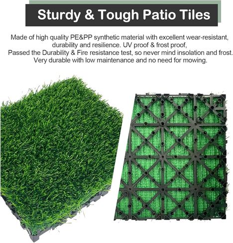 Artificial Grass Turf Tiles Interlocking Set of 35pcs, Self-draining for Pet Indoor/Outdoor Flooring, Grass Green, 12x12in in Saudi Arabia