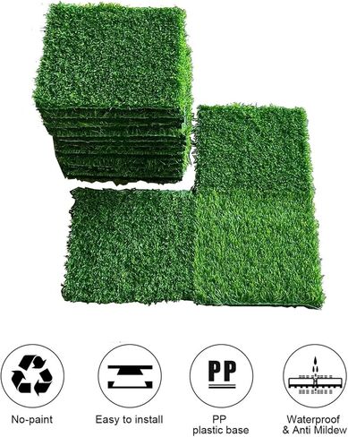 Artificial Grass Turf Tiles Interlocking Set of 35pcs, Self-draining for Pet Indoor/Outdoor Flooring, Grass Green, 12x12in in Saudi Arabia