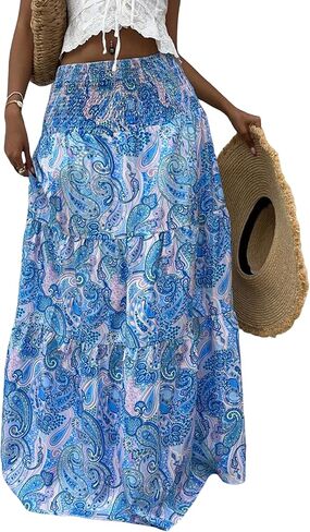 ZAFUL Women’s Summer Boho Maxi Skirts Bohemian Print Smocked High Wasited Flowy Tiered Ruffle Long Beach Skirt in Saudi Arabia