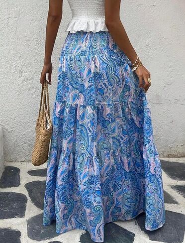 ZAFUL Women’s Summer Boho Maxi Skirts Bohemian Print Smocked High Wasited Flowy Tiered Ruffle Long Beach Skirt in Saudi Arabia