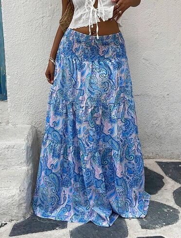 ZAFUL Women’s Summer Boho Maxi Skirts Bohemian Print Smocked High Wasited Flowy Tiered Ruffle Long Beach Skirt in Saudi Arabia