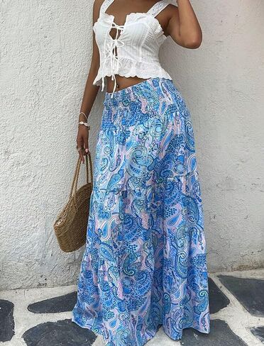 ZAFUL Women’s Summer Boho Maxi Skirts Bohemian Print Smocked High Wasited Flowy Tiered Ruffle Long Beach Skirt in Saudi Arabia