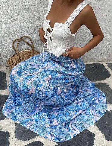 ZAFUL Women’s Summer Boho Maxi Skirts Bohemian Print Smocked High Wasited Flowy Tiered Ruffle Long Beach Skirt in Saudi Arabia