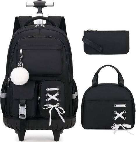 Rolling Backpack for Girls, Girls Backpack Set with Lunch Box & Pencil Pouch for Teen Girl Kids Children Elementary Middle School, Bookbag Daypack Laptop Travel Backpack with Wheels (Black) in Saudi Arabia