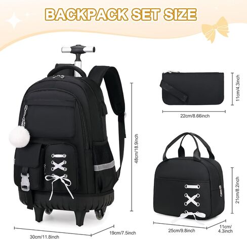 Rolling Backpack for Girls, Girls Backpack Set with Lunch Box & Pencil Pouch for Teen Girl Kids Children Elementary Middle School, Bookbag Daypack Laptop Travel Backpack with Wheels (Black) in Saudi Arabia