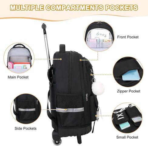 Rolling Backpack for Girls, Girls Backpack Set with Lunch Box & Pencil Pouch for Teen Girl Kids Children Elementary Middle School, Bookbag Daypack Laptop Travel Backpack with Wheels (Black) in Saudi Arabia
