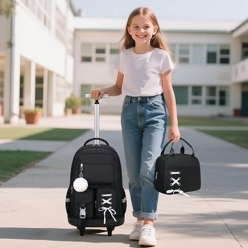 Rolling Backpack for Girls, Girls Backpack Set with Lunch Box & Pencil Pouch for Teen Girl Kids Children Elementary Middle School, Bookbag Daypack Laptop Travel Backpack with Wheels (Black) in Saudi Arabia