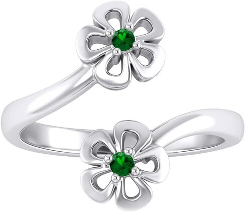 Pretty Jewels 925 Sterling Silver Round Cut Blue Sapphire, Ruby, Emerald, Black Diamond Bypass Flower Women's Adjustable Toe Ring (14k White Gold Finish) in Kuwait