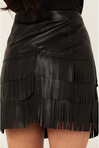 Idyllwind Women's Irene Fringe Faux Leather Skirt Black Medium in Saudi Arabia