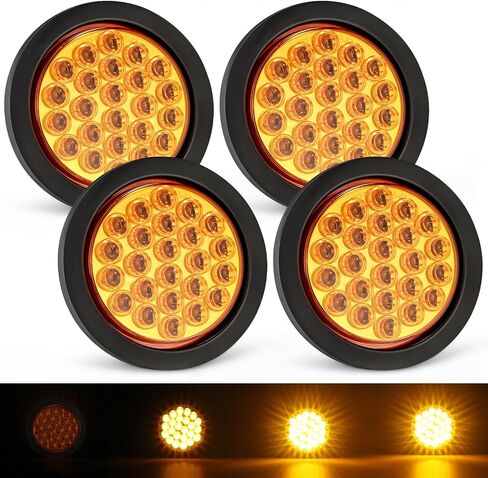 Partsam 4x 4 Inch Round Amber White Strobe Lights Dual Color 24 LEDs Trailer Truck Stop Turn Tail Warning Flash Light With Rubber Grommet 3-Prong Wire Pigtails, 12V, Clear Lens in Saudi Arabia