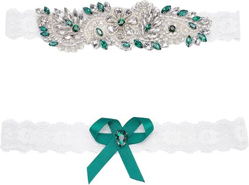Webeedy 2 PCS Lace Bridal Garter Rhinestone Wedding Garter Garter Set Rhinestone Green Sexy Leg Starters for Wedding Stretch Bridals مجموعات مع أحجار الراين in Saudi Arabia