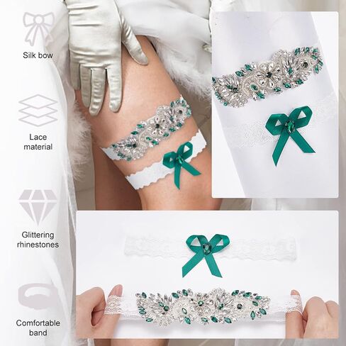 Webeedy 2 PCS Lace Bridal Garter Rhinestone Wedding Garter Garter Set Rhinestone Green Sexy Leg Starters for Wedding Stretch Bridals مجموعات مع أحجار الراين in Saudi Arabia