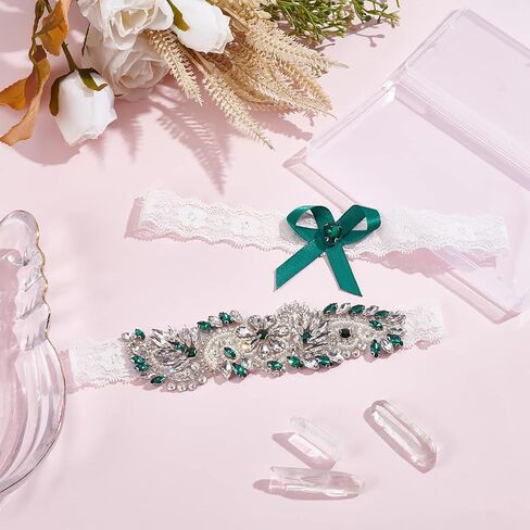 Webeedy 2 PCS Lace Bridal Garter Rhinestone Wedding Garter Garter Set Rhinestone Green Sexy Leg Starters for Wedding Stretch Bridals مجموعات مع أحجار الراين in Saudi Arabia