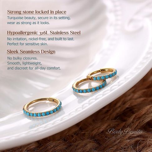 BodyBonita Hoops Nose Rings for Women - 316L Surgical Steel Turquoise Nose Ring Piercings 20G Segment Cartilage Helix Rook Tragus Conch Daith Earrings Septum Lip Jewelry 6/7/8mm Gold/Silver in Saudi Arabia