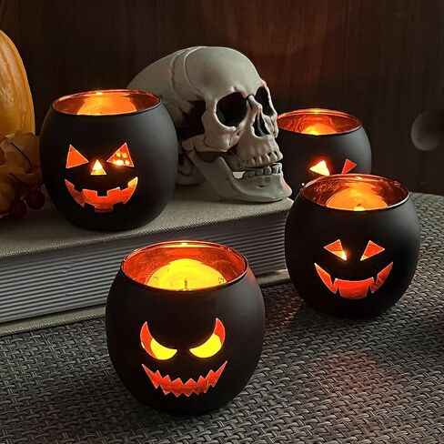 Halloween Table Decor Set of 6, Jack O Lanterns Black Glass Votive Tealight Candle Holders, Halloween Decorations Indoor Party Mantel Coffe Table Centerpiece Decor in Saudi Arabia