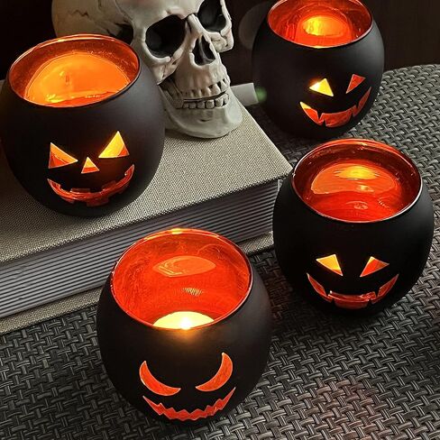 Halloween Table Decor Set of 6, Jack O Lanterns Black Glass Votive Tealight Candle Holders, Halloween Decorations Indoor Party Mantel Coffe Table Centerpiece Decor in Saudi Arabia