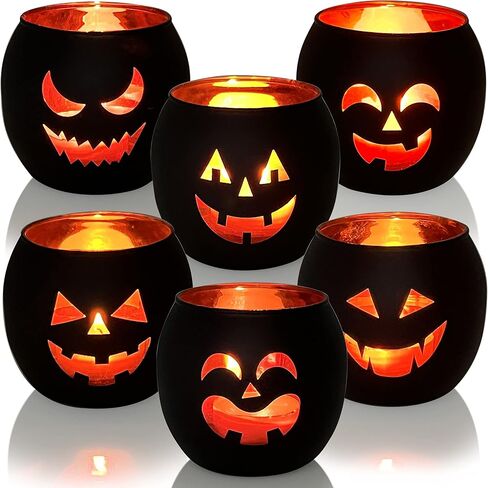 Halloween Table Decor Set of 6, Jack O Lanterns Black Glass Votive Tealight Candle Holders, Halloween Decorations Indoor Party Mantel Coffe Table Centerpiece Decor in Saudi Arabia
