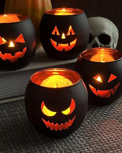 Halloween Table Decor Set of 6, Jack O Lanterns Black Glass Votive Tealight Candle Holders, Halloween Decorations Indoor Party Mantel Coffe Table Centerpiece Decor in Saudi Arabia