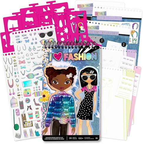 مجموعة رسم تصميم الأزياء من Fashion Angels - دفتر رسم صغير الحجم للفتيات، كتاب تلوين أنيق للأطفال من سن 6 سنوات فما فوق، يأتي مع استنسل وملصقات in Saudi Arabia