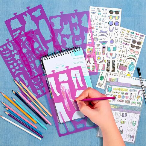 مجموعة رسم تصميم الأزياء من Fashion Angels - دفتر رسم صغير الحجم للفتيات، كتاب تلوين أنيق للأطفال من سن 6 سنوات فما فوق، يأتي مع استنسل وملصقات in Saudi Arabia