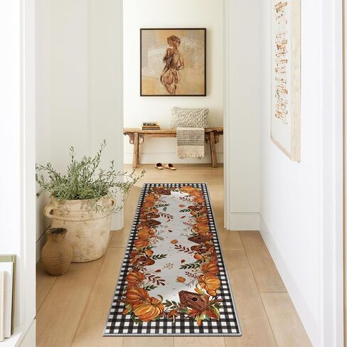 Artoid Mode Buffalo Plaid Pumpkins Mushrooms Fall Area Rug, Autumn Thanksgiving Bath Rug Home Decor Low-Profile Non-Slip Washable Mat for Entryway Bedroom Bathroom Laundry Room Indoor 2x3 Feet in Saudi Arabia