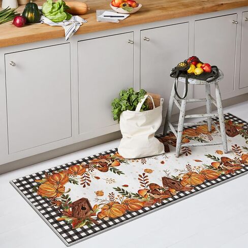 Artoid Mode Buffalo Plaid Pumpkins Mushrooms Fall Area Rug, Autumn Thanksgiving Bath Rug Home Decor Low-Profile Non-Slip Washable Mat for Entryway Bedroom Bathroom Laundry Room Indoor 2x3 Feet in Saudi Arabia