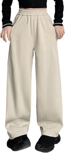 Baggy Sweatpants for Kid Girls Elastic High Waist Seam Front Wide Leg Athletic Pants with Pockets 5-14 Years in Saudi Arabia