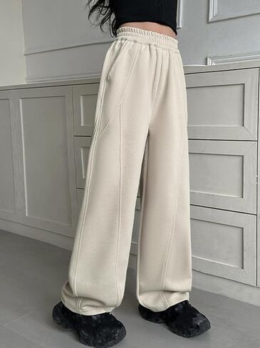 Baggy Sweatpants for Kid Girls Elastic High Waist Seam Front Wide Leg Athletic Pants with Pockets 5-14 Years in Saudi Arabia