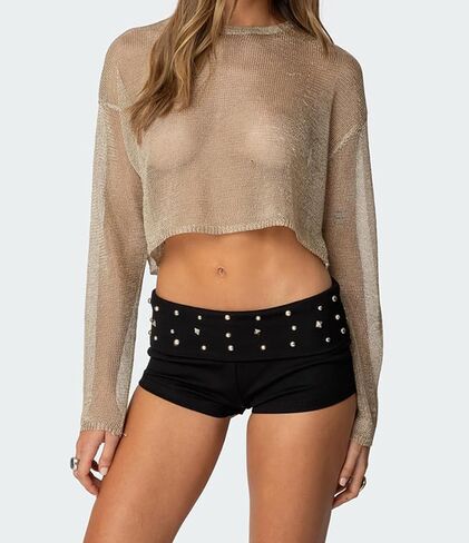Women Fold Over Micro Shorts Studded Low Rise Y2k Goth Club Bottoms Mini Shorts in Kuwait