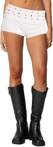 Women Fold Over Micro Shorts Studded Low Rise Y2k Goth Club Bottoms Mini Shorts in Kuwait