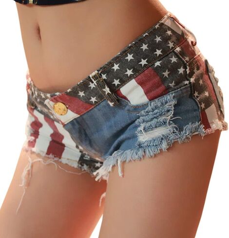 Sexyshine Women's Sexy Low Wehist Rise Hot Pants Flag American High Cut Mini Denim Beach Clubwear Shorts in Saudi Arabia