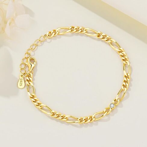 18K Gold Bracelets for Women, 925 Sterling Silver Link Adjustable Charm Bracelet Jewelry Gift for Mother Wife Birthday - Alternating Chain in Saudi Arabia