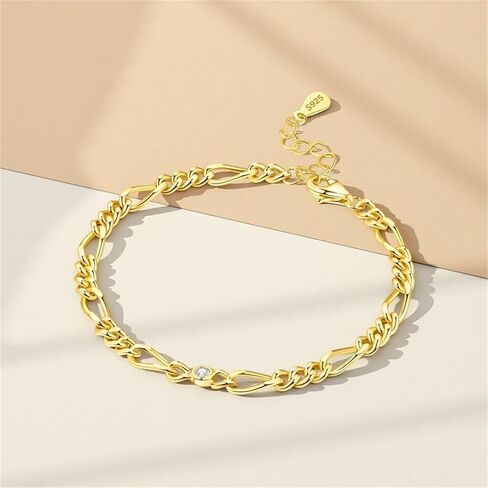 18K Gold Bracelets for Women, 925 Sterling Silver Link Adjustable Charm Bracelet Jewelry Gift for Mother Wife Birthday - Alternating Chain in Saudi Arabia