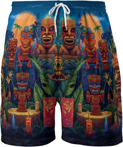 Tropical Tiki Mens Hawaiian Sport Shorts - Tiki Hawaiian Shorts for Men - Casual Drawstring Beachwear Shorts Series 15 in Saudi Arabia