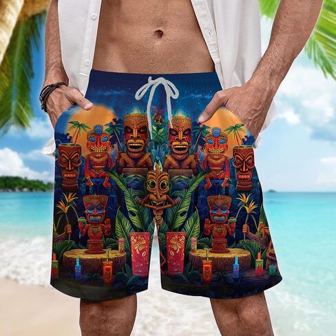 Tropical Tiki Mens Hawaiian Sport Shorts - Tiki Hawaiian Shorts for Men - Casual Drawstring Beachwear Shorts Series 15 in Saudi Arabia