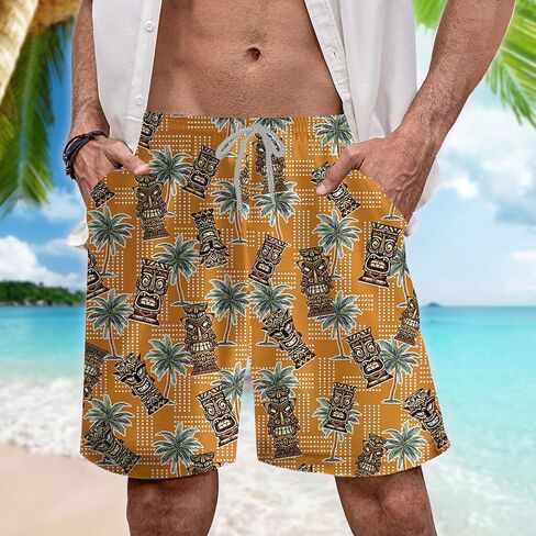 Tropical Tiki Mens Hawaiian Sport Shorts - Tiki Hawaiian Shorts for Men - Casual Drawstring Beachwear Shorts Series 15 in Saudi Arabia